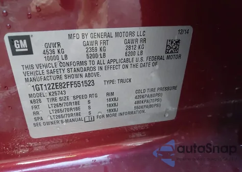 2015 GMC Sierra K2500 Slt из США, поврежденный, VIN 1GT12ZE82FF551523